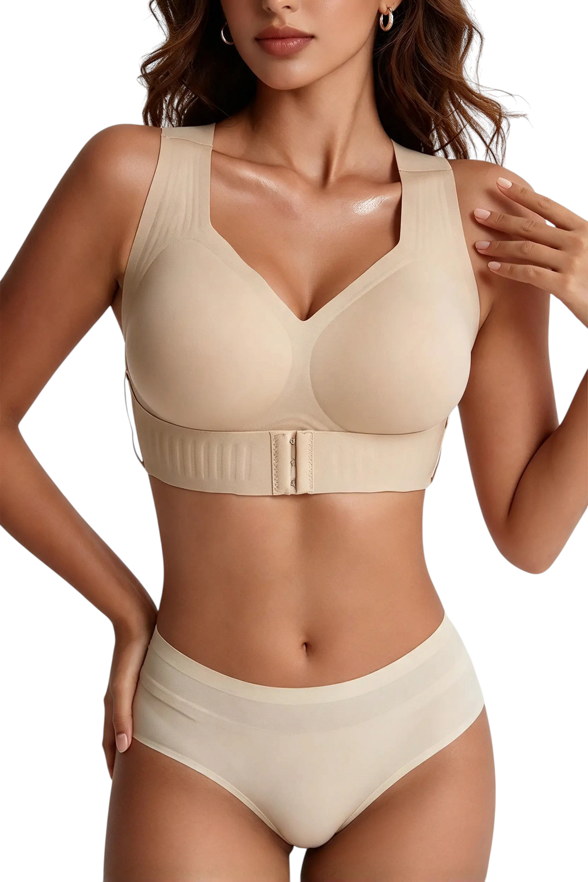 Soutien-gorge grande taille JOY-STYLE beige sans armatures avec bandes de maintien et fermeture frontale