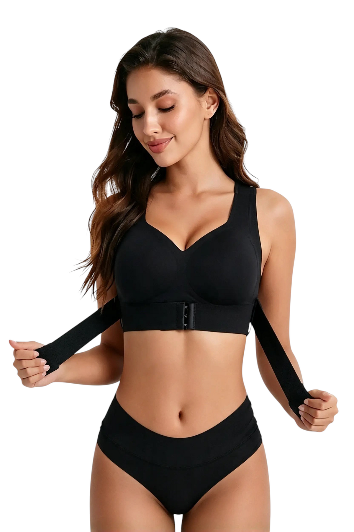 Modèle portant le soutien-gorge noir JOY-STYLE Curve™ Embrace sans armatures avec bandes de maintien ajustables