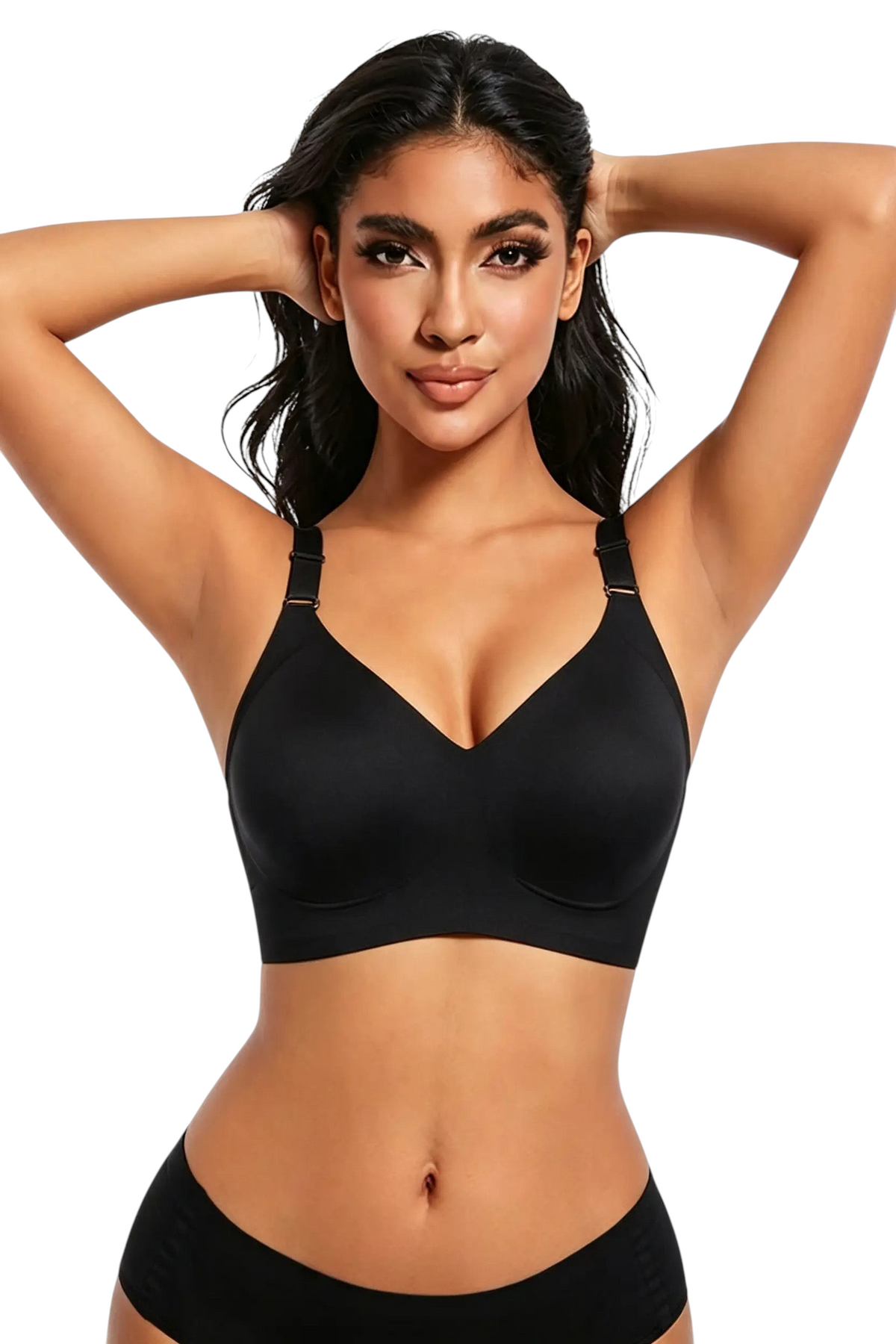 Soutien-gorge noir sans armatures JOY-STYLE en nylon doux avec bretelles réglables porté par une femme