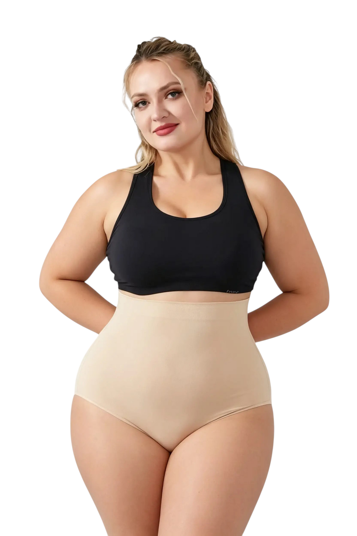 Modèle portant la culotte sculptante taille haute JOY-STYLE beige en nylon et spandex pour un maintien confortable