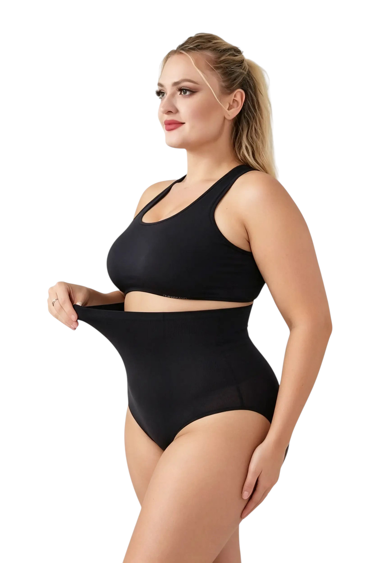 Modèle portant la culotte sculptante taille haute noire JOY-STYLE en tissu doux et respirant avec maintien gainant