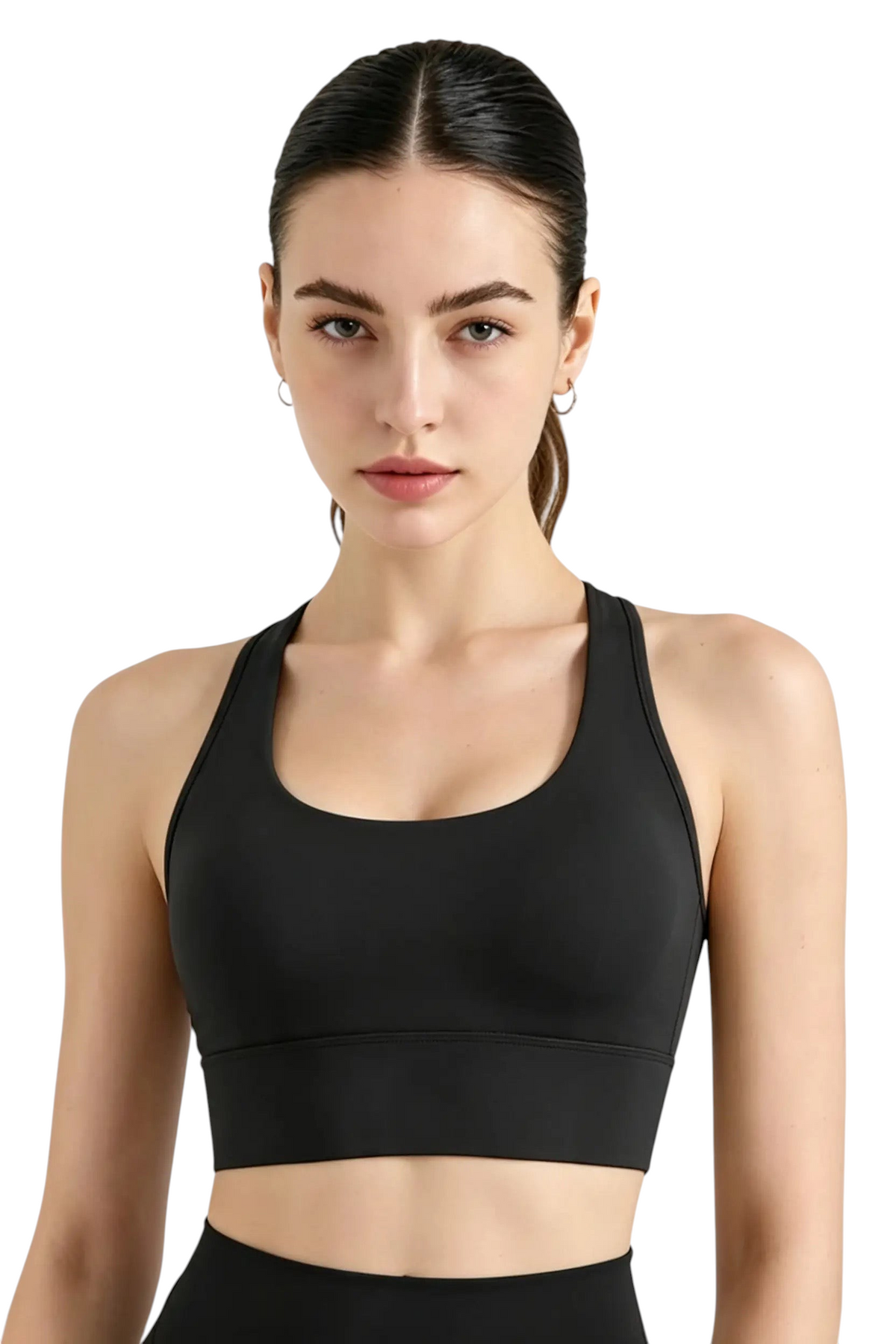 Modèle portant la brassière de sport noire JOY-STYLE Active Sculpt avec dos nageur et maintien optimal