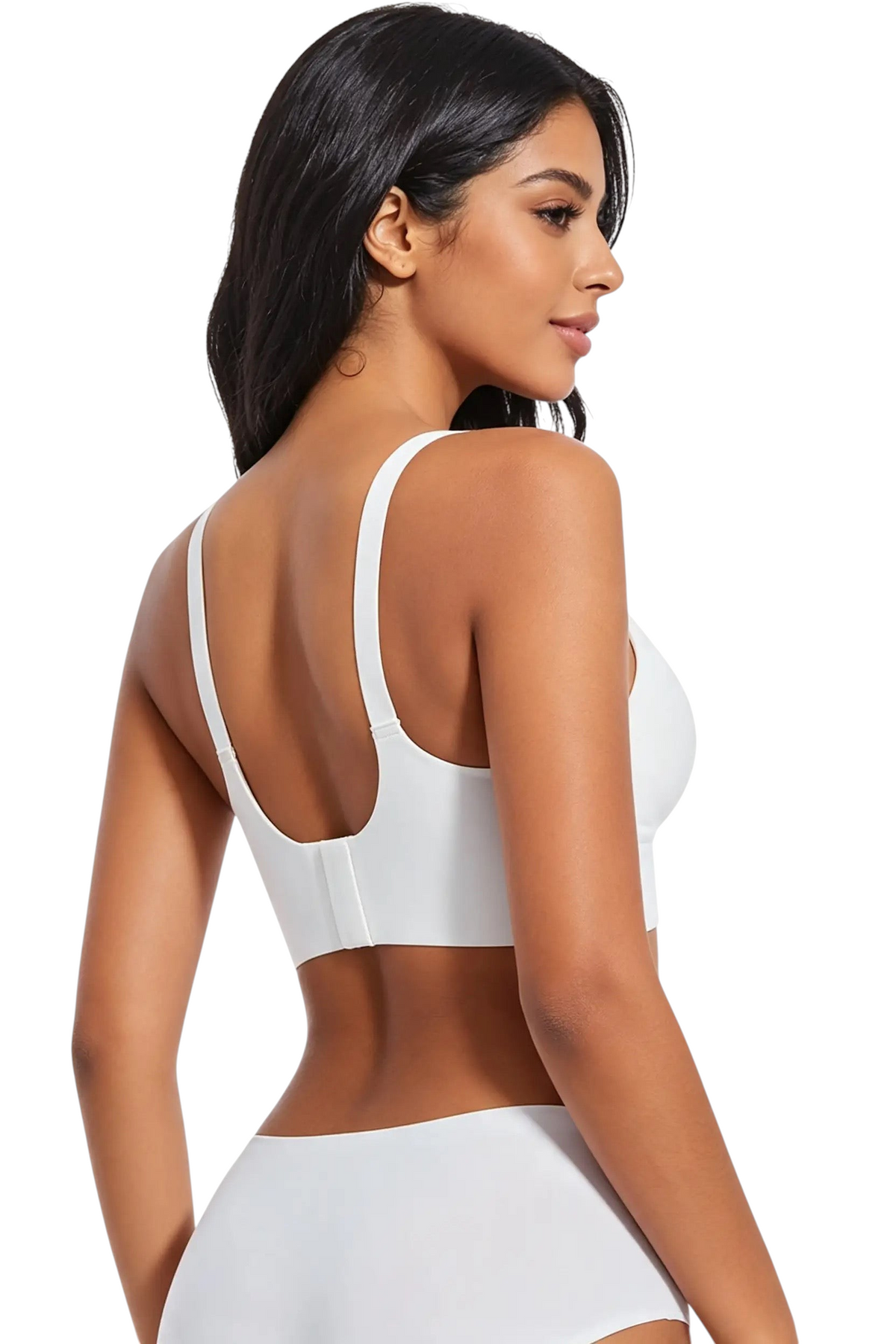 Soutien-gorge blanc sans armatures JOY-STYLE en nylon respirant porté par une femme, vue de dos
