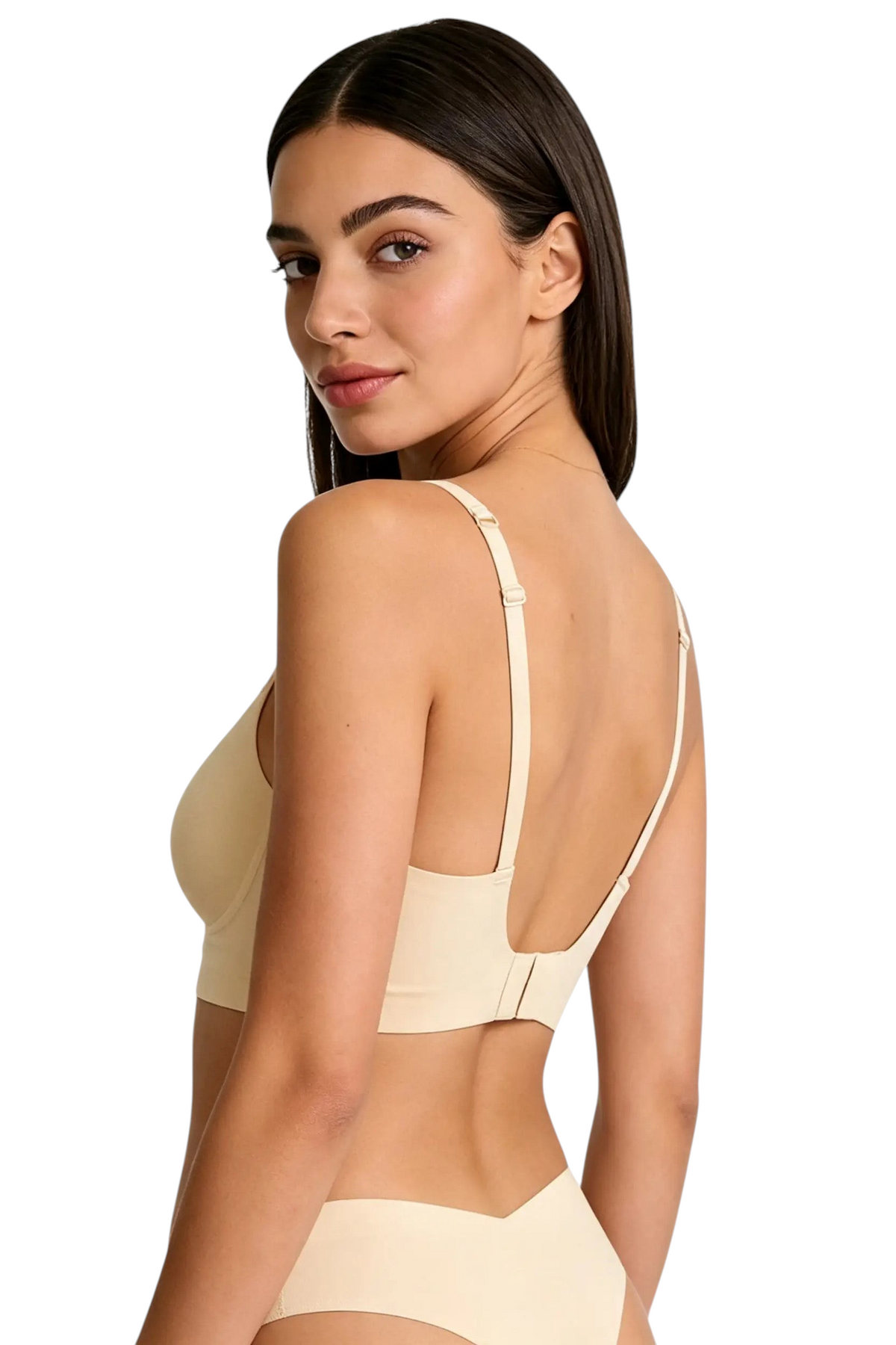 Modèle portant l'ensemble lingerie JOY-STYLE Seamless beige sans coutures avec soutien-gorge et culotte confortable