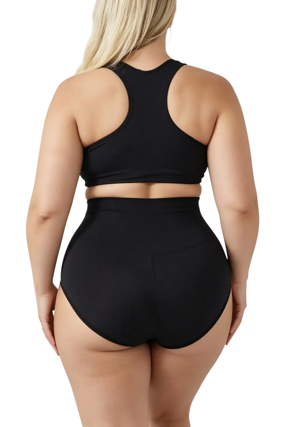 Vue arrière d'une femme portant la culotte sculptante taille haute noire JOY-STYLE en nylon et spandex