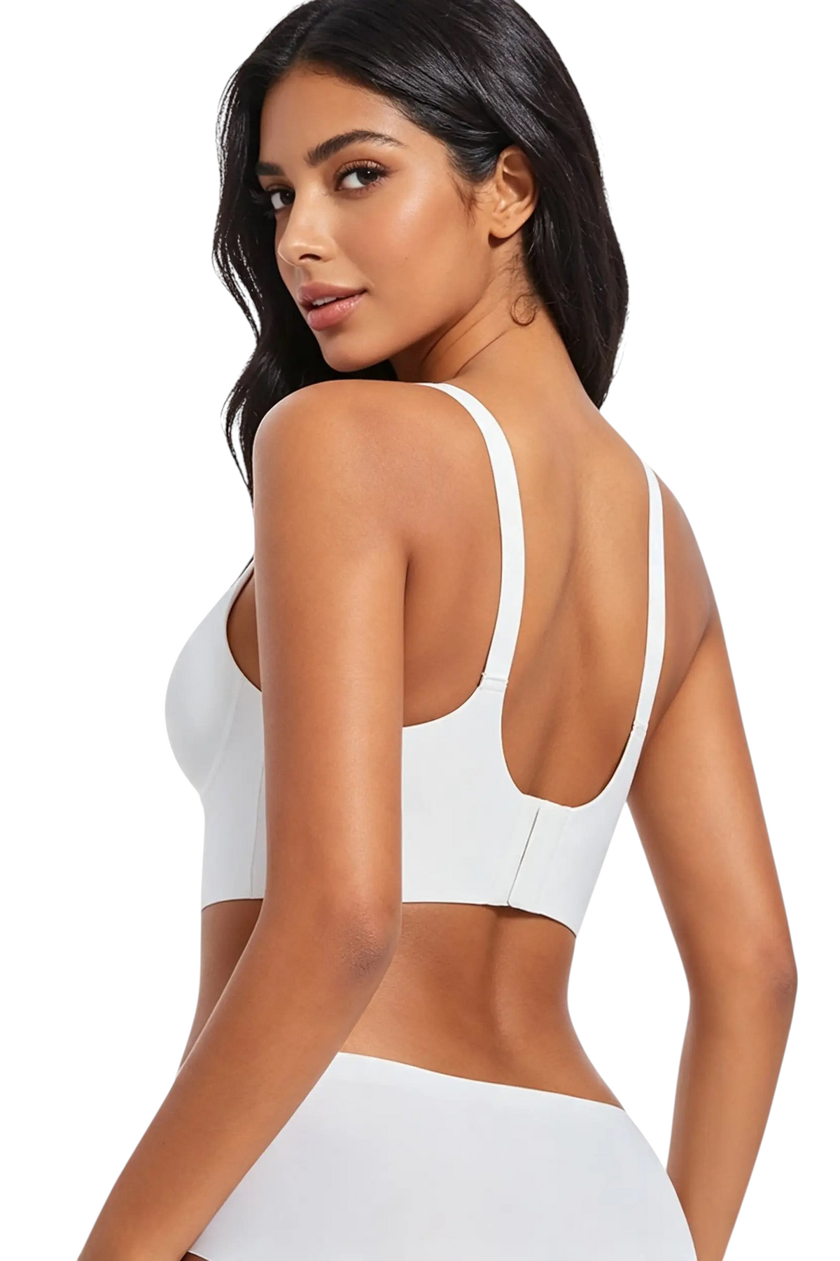 Modèle portant le soutien-gorge blanc sans armatures JOY-STYLE, offrant un maintien naturel et un confort respirant.