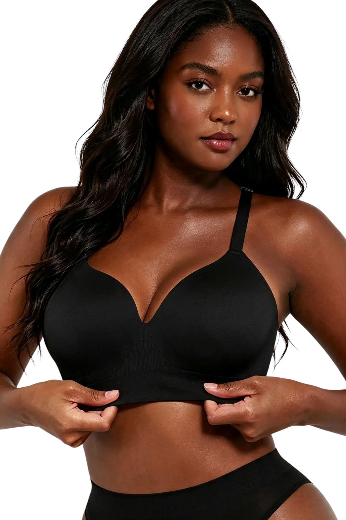 Soutien-gorge noir sans armatures JOY-STYLE Curve Balance porté par une femme, offrant maintien et confort.