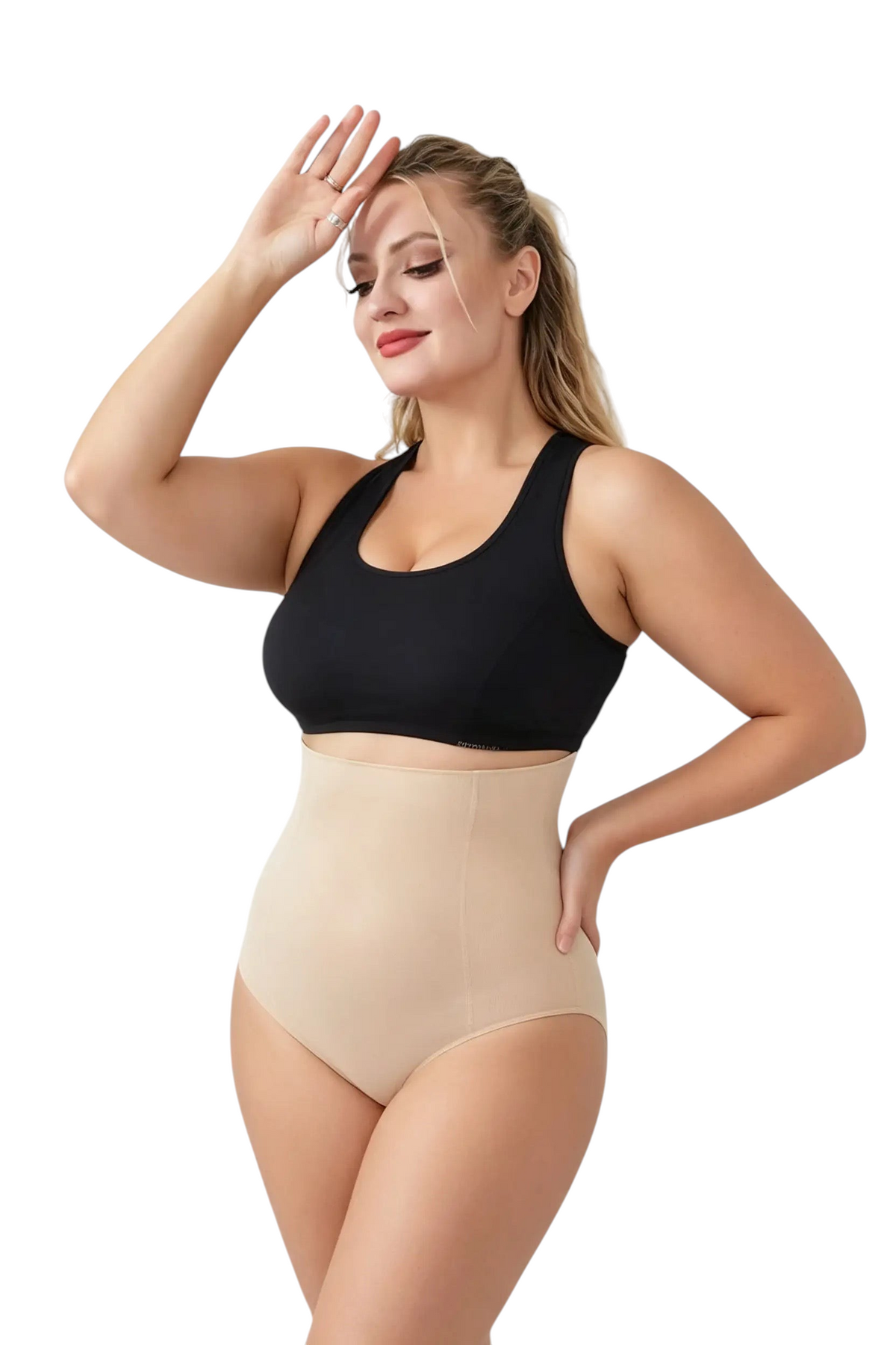 Modèle portant la culotte sculptante taille haute JOY-STYLE beige en nylon et spandex, offrant un maintien lisse.
