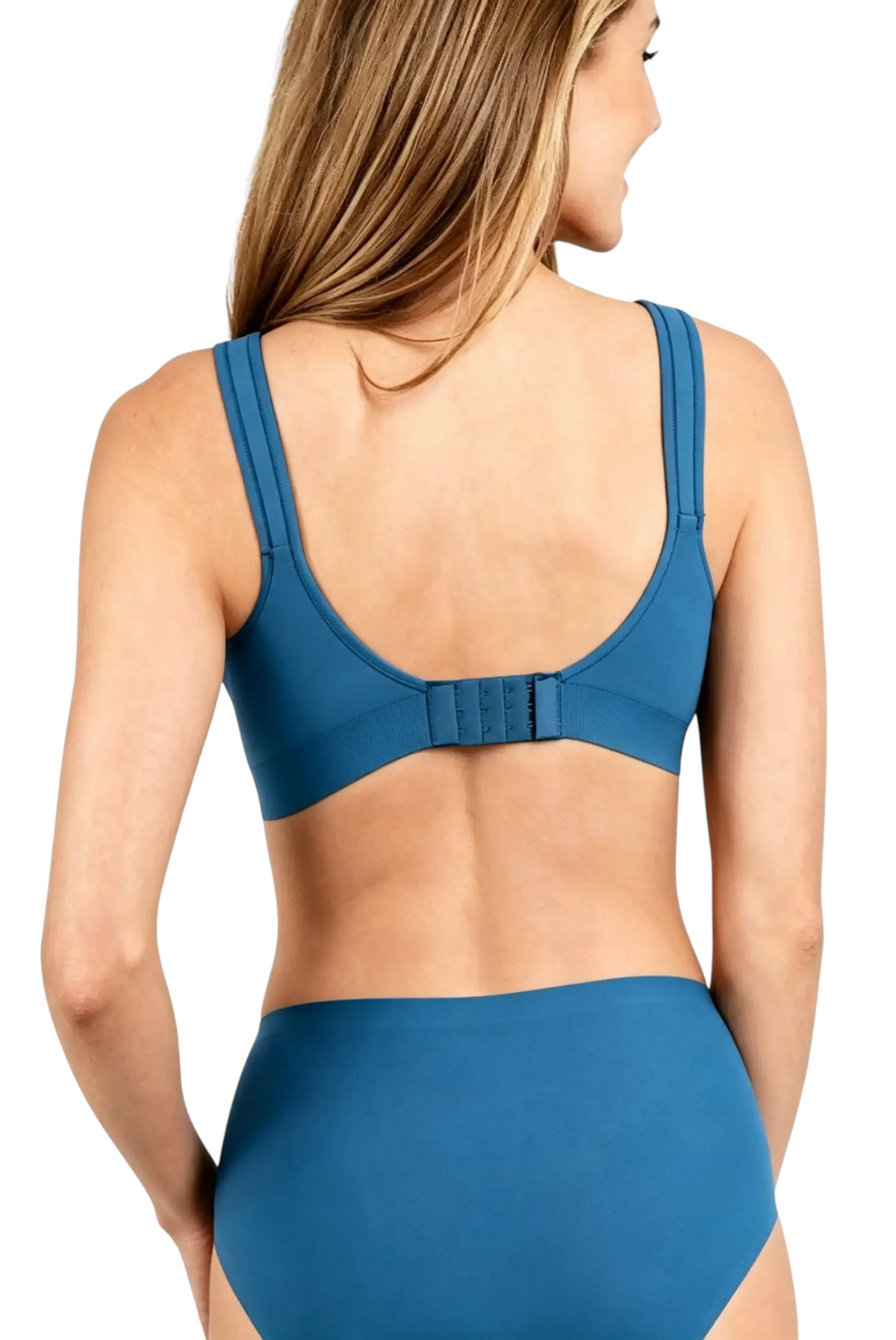 Vue arrière du soutien-gorge JOY-STYLE Curve Secret bleu sans armatures avec bretelles larges et fermeture à agrafes