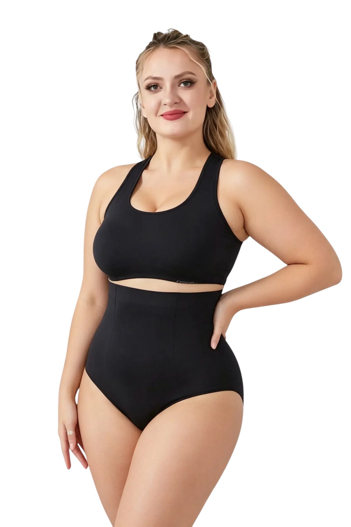Modèle portant la culotte sculptante taille haute noire JOY-STYLE en nylon et spandex pour un maintien confortable