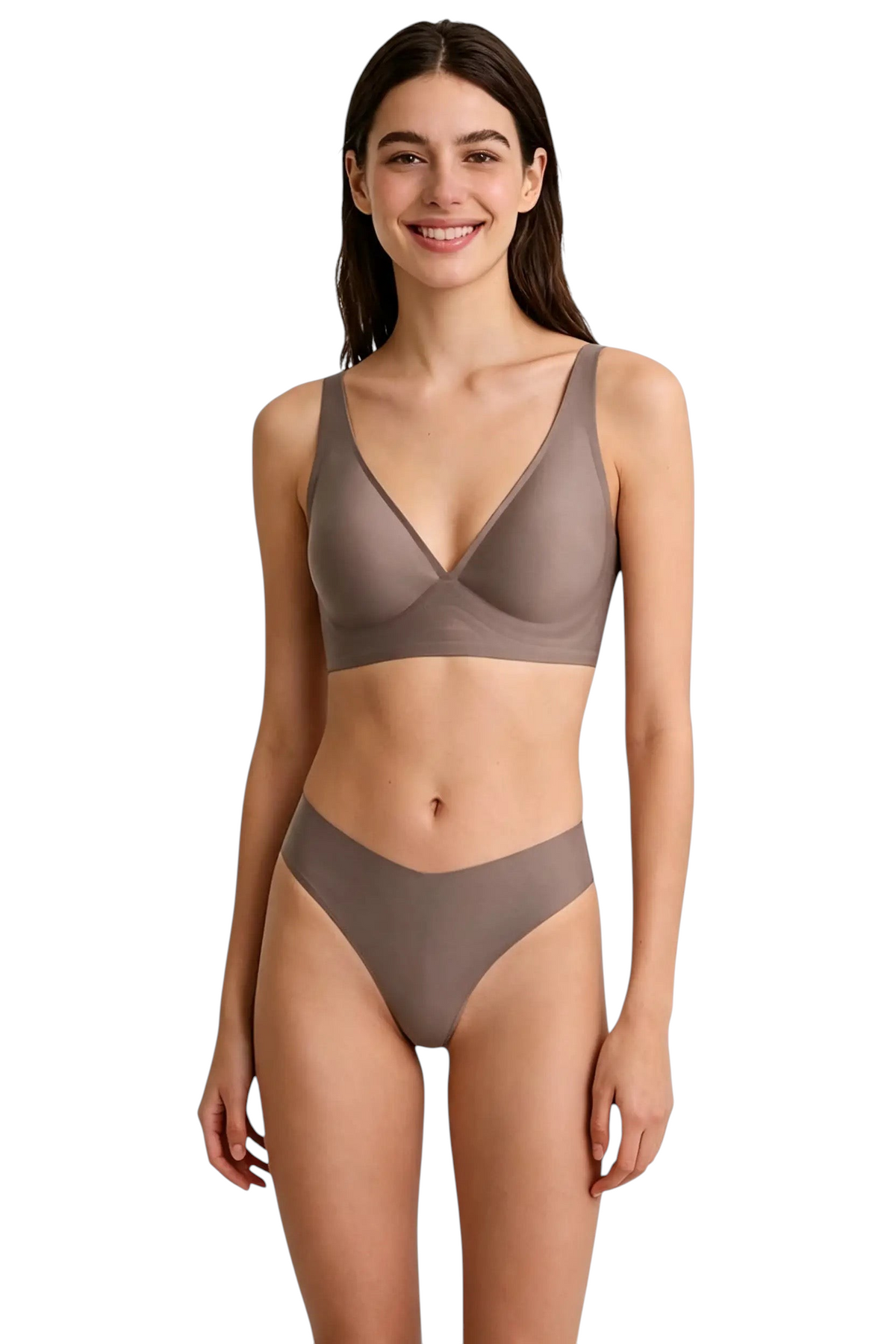 Ensemble lingerie JOY-STYLE Seamless taupe sans coutures avec soutien-gorge et culotte échancrée sur mannequin