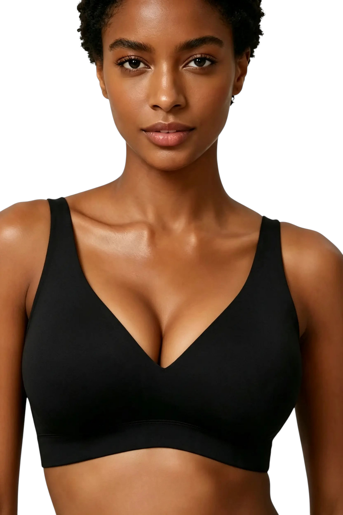 Modèle portant le soutien-gorge noir JOY-STYLE Curve Invisible Lift avec décolleté en V et design sans coutures