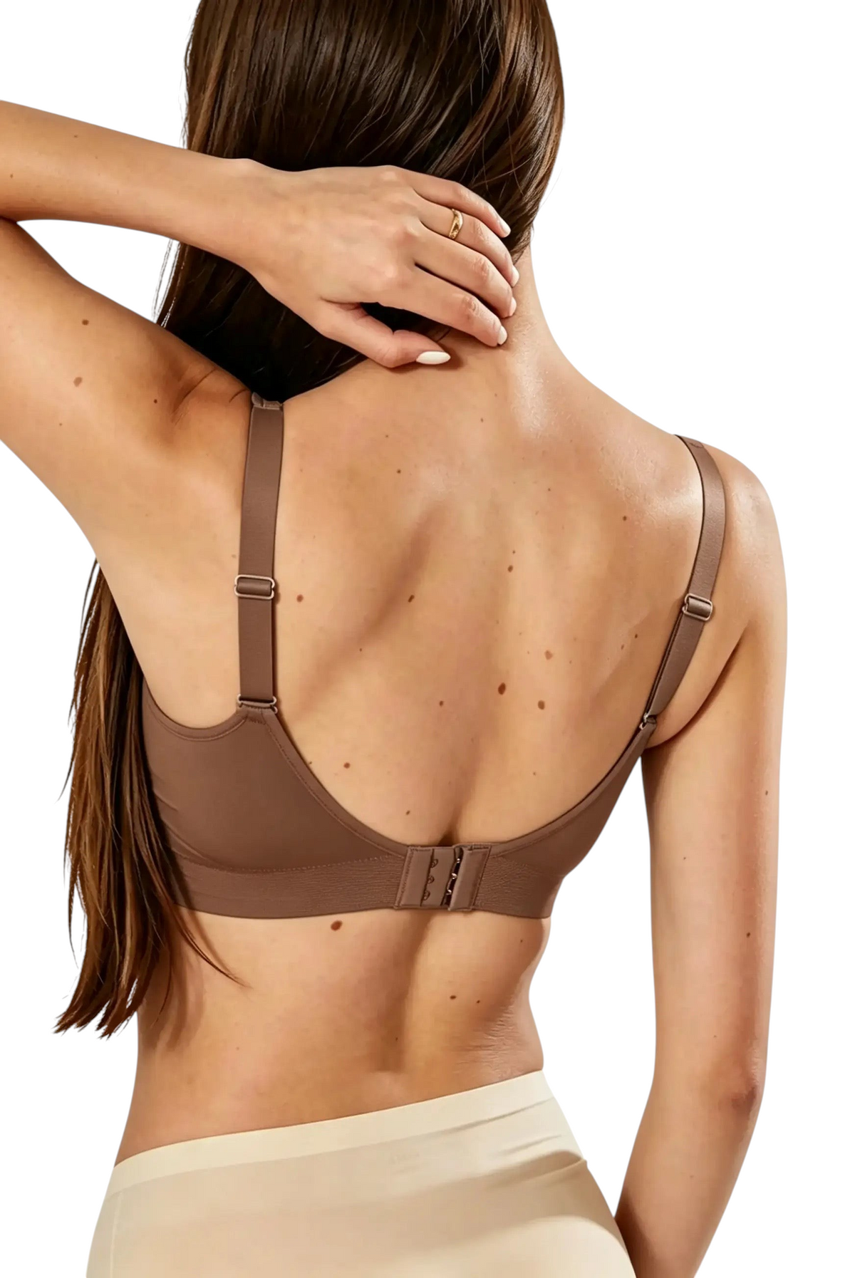 Vue arrière du soutien-gorge JOY-STYLE Curve Everyday marron sans armatures avec bretelles réglables sur une femme