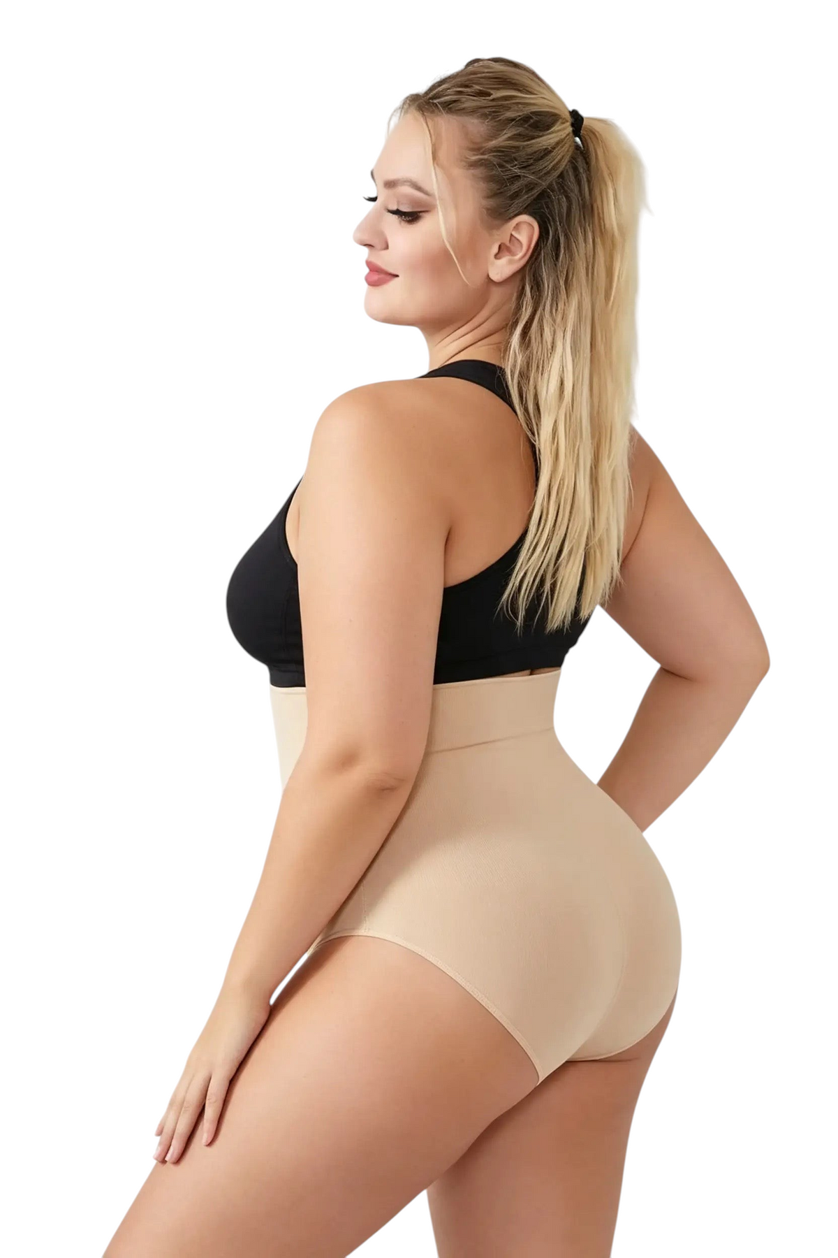 Culotte sculptante taille haute beige JOY-STYLE portée par une femme, offrant un maintien lisse et confortable.