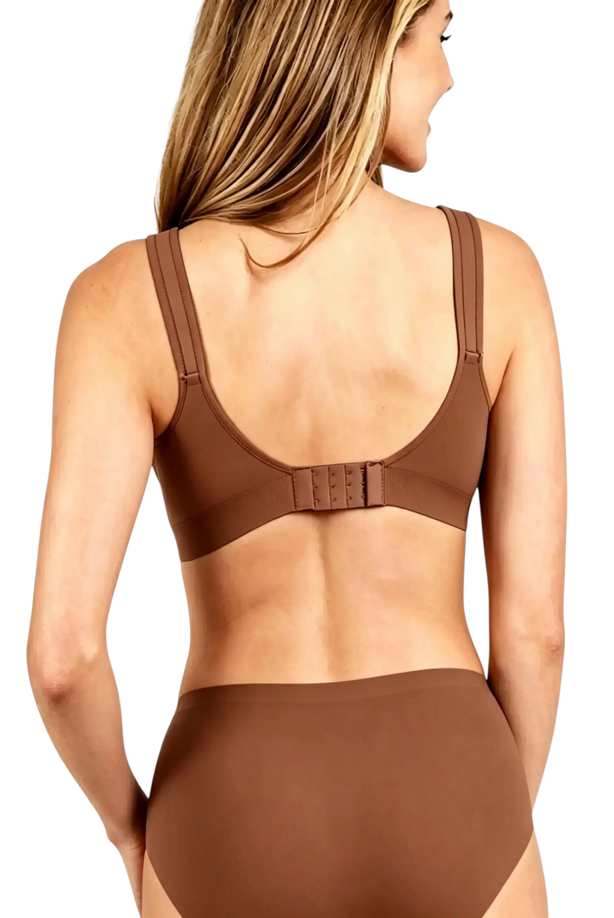 Vue arrière du soutien-gorge JOY-STYLE Curve Secret marron sans armatures avec larges bretelles et fermeture agrafée