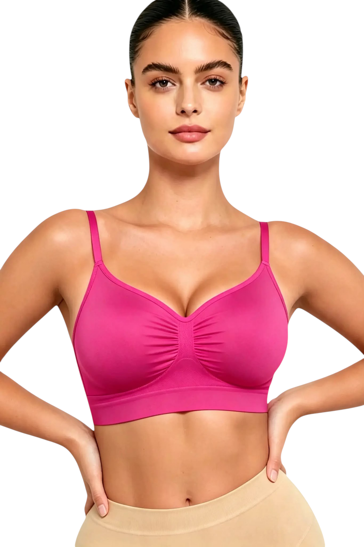 Soutien-gorge gainant JOY-STYLE Curve Lift rose fuchsia sans armatures avec bretelles réglables sur mannequin