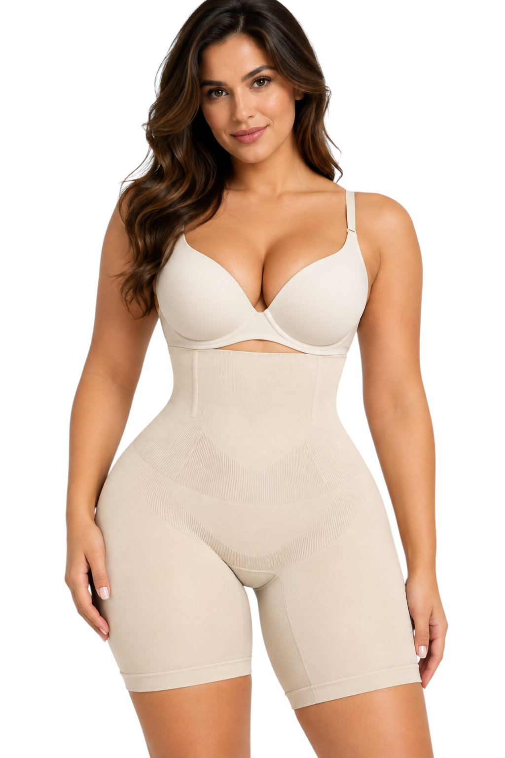 Femme portant le short gainant JOY-STYLE beige sculptant la silhouette avec une coupe taille haute