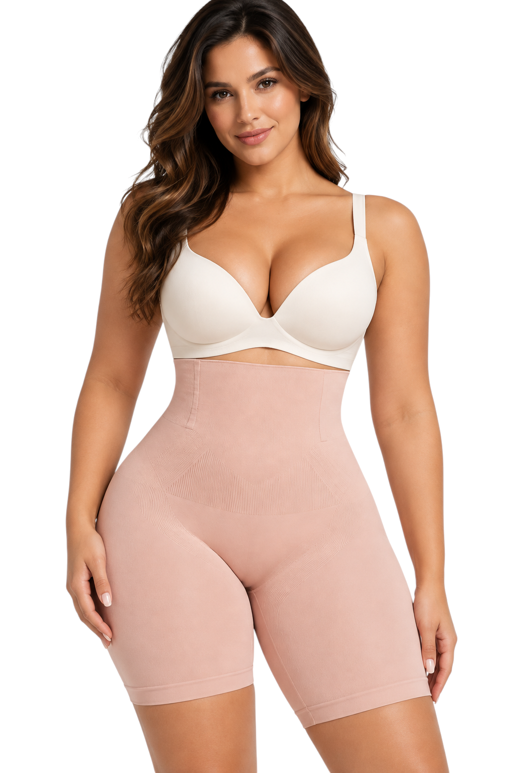 Modèle portant le short sculptant taille haute JOY-STYLE de couleur beige pour un effet gainant et galbant