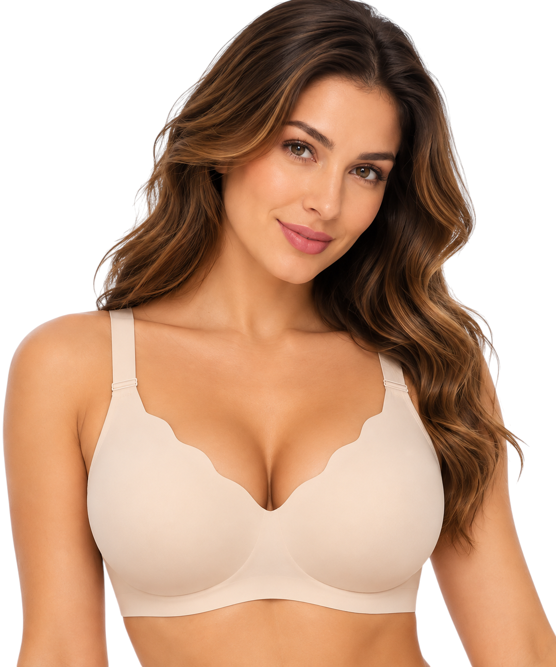 Modèle portant le soutien-gorge JOY-STYLE Curve Invisible beige sans armatures avec bordure festonnée élégante