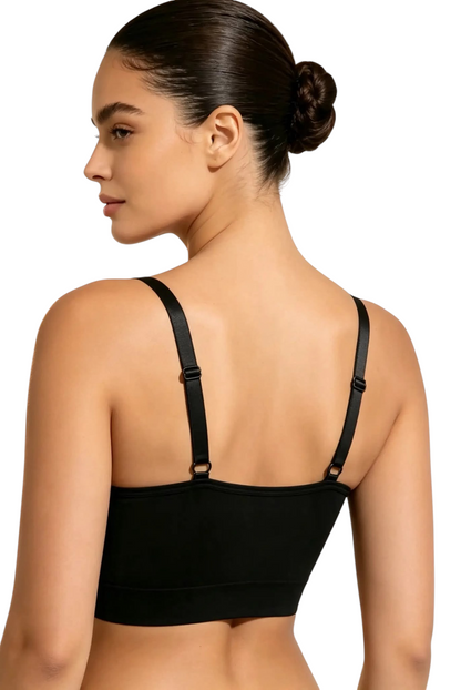 Vue arrière du soutien-gorge gainant noir JOY-STYLE sans armatures avec bretelles réglables sur une femme