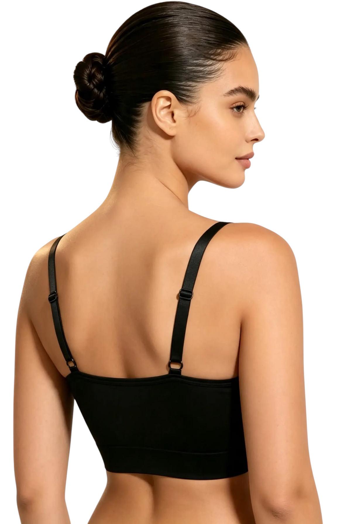 Soutien-gorge gainant noir JOY-STYLE sans armatures avec dos large et bretelles réglables sur une femme