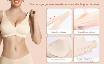 JOY-STYLE beige seamless wireless bra with adjustable straps and removable pads for comfortable sculpting.