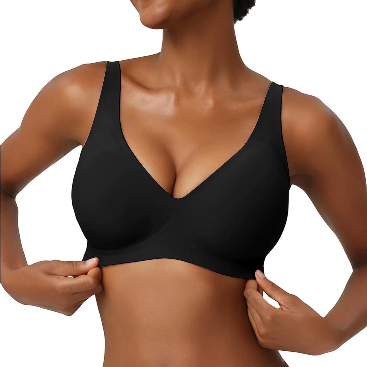 JOY-STYLE black seamless Jelly Sculpt Invisible bra with V-neck and wide straps for comfortable support.