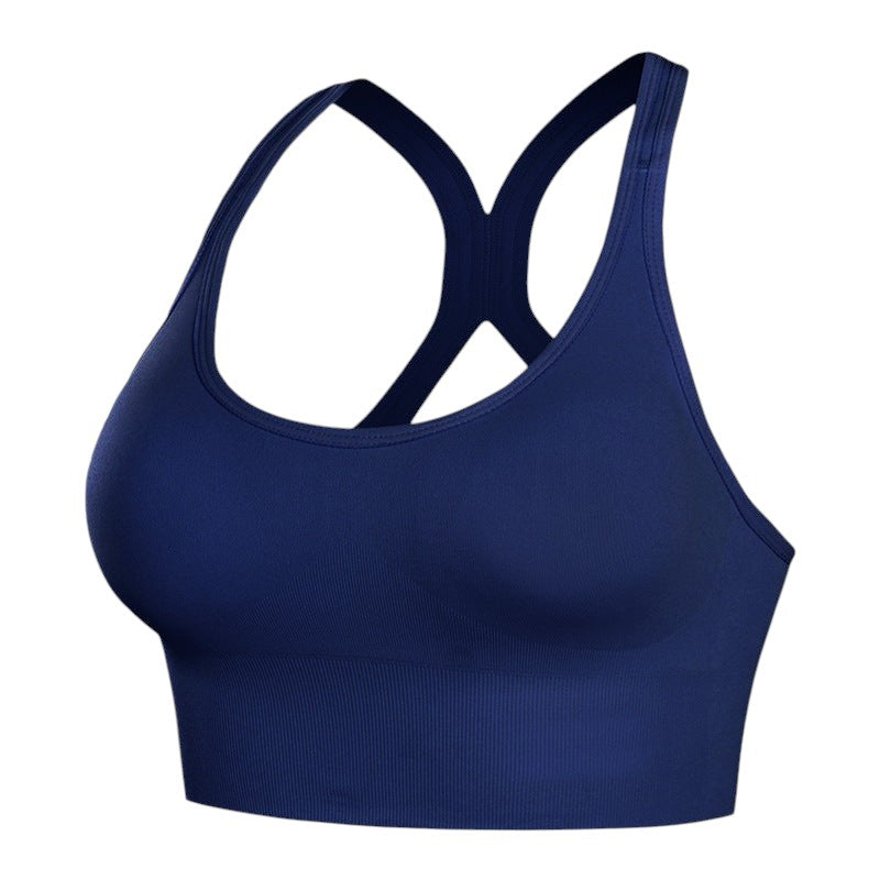 Brassière de sport JOY-STYLE bleu marine à dos nageur, offrant un maintien renforcé et un design anti-chocs confortable