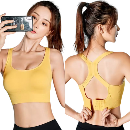 Brassière de sport jaune JOY-STYLE avec dos nu, système de réglage par boucle et maintien anti-chocs pour le fitness