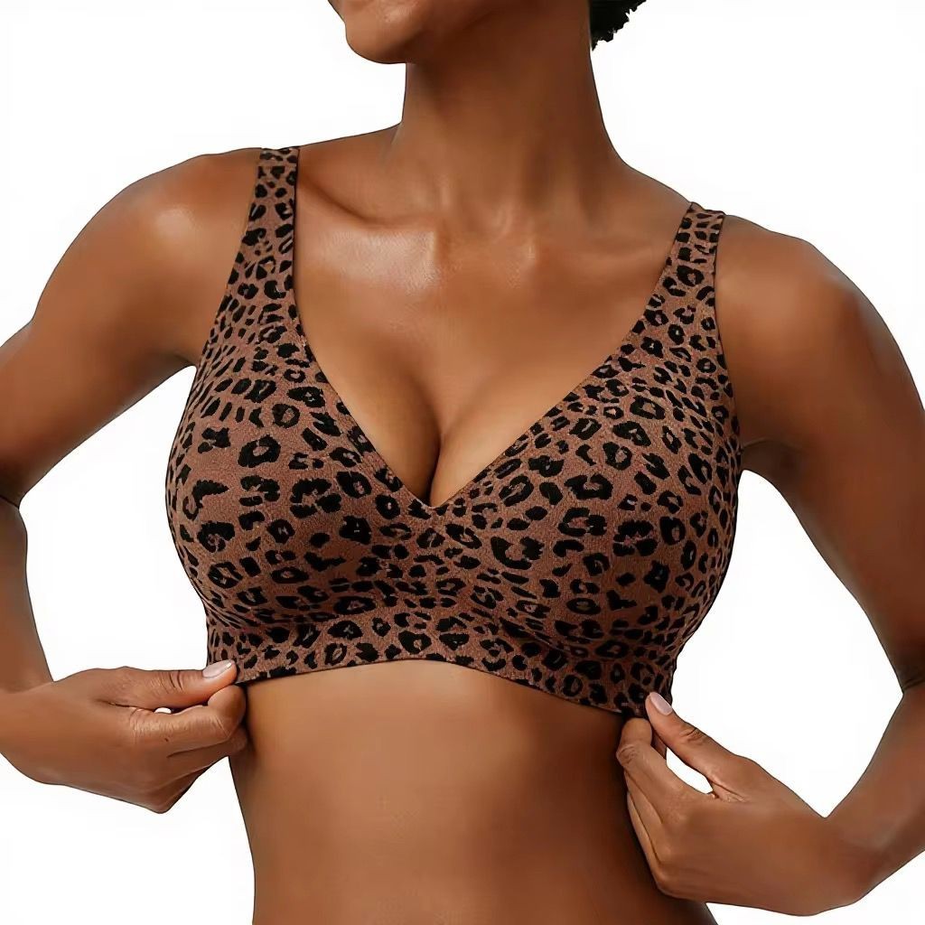JOY-STYLE brown leopard print seamless plunge bra with wide straps and a supportive band.