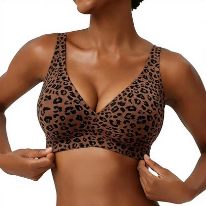 JOY-STYLE brown leopard print seamless plunge bra with wide straps and a supportive band.