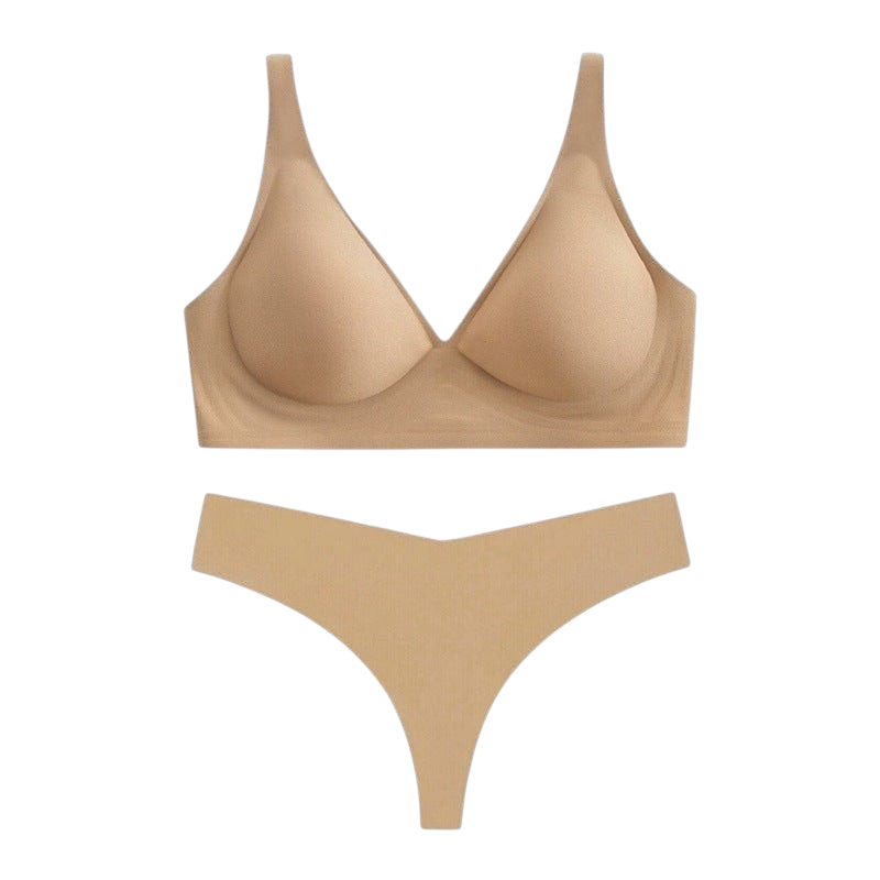 Ensemble lingerie JOY-STYLE beige sans coutures avec soutien-gorge sans armatures et string assorti en matière douce