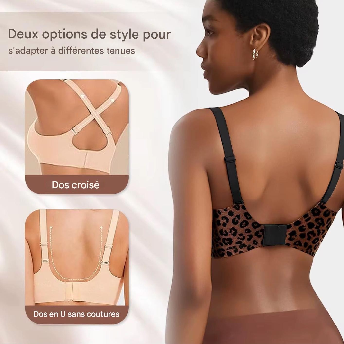 JOY-STYLE Jelly Sculpt Invisible bra with leopard print and adjustable straps, featuring two back styles: crossed and seamless U-back.