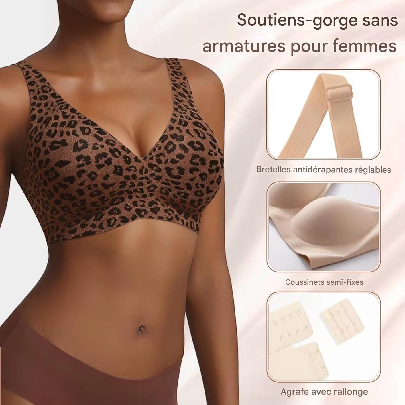 JOY-STYLE leopard print wireless bra with adjustable straps and removable pads for sculpting and comfort.