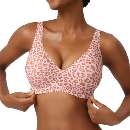 JOY-STYLE pink leopard print seamless plunge bra with wide straps and supportive band.