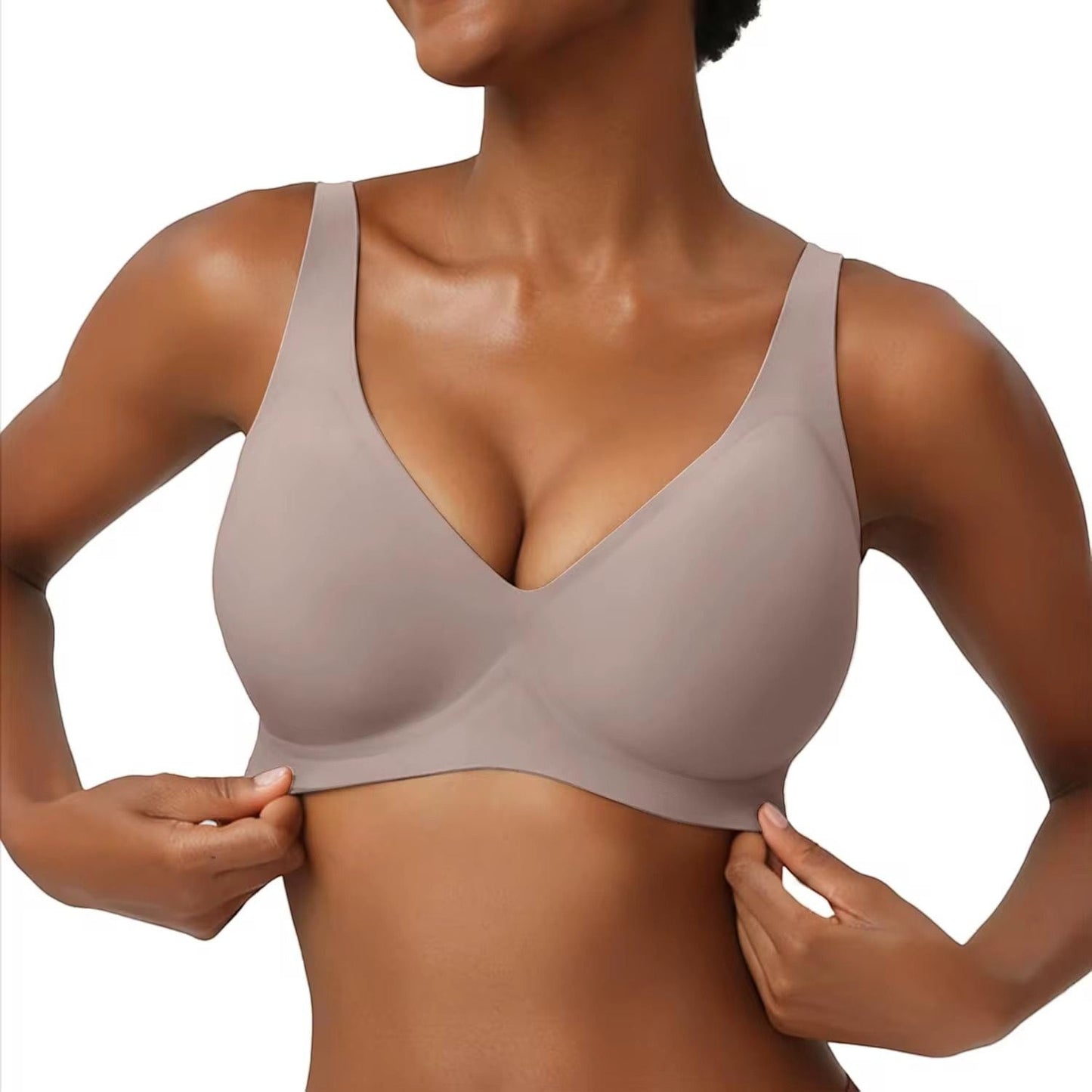 JOY-STYLE taupe seamless plunge bra with wide straps and a sculpted fit.
