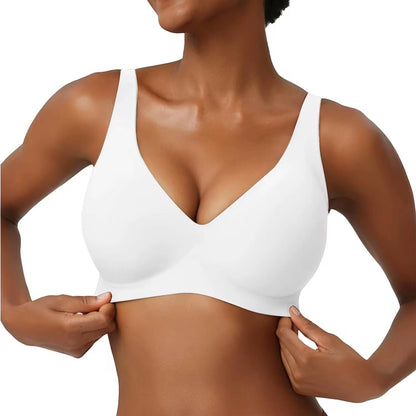 JOY-STYLE white seamless plunge bra with wide straps and a sculpted fit, made from soft, stretchy material.